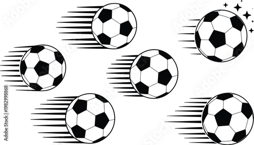 Collection of flying soccer balls with speed motion lines in black and white silhouette style isolated on white background for sports.