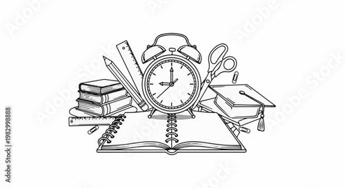 Open book, alarm clock, books, graduation cap, scissors, ruler, pencil
