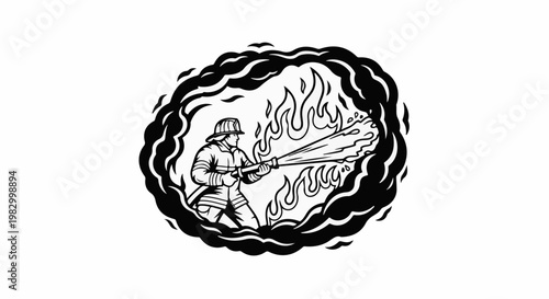 Firefighter spraying water on flames within a circular smoky frame