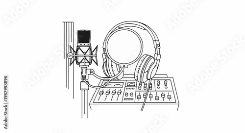 Detailed line drawing of audio recording equipment for music production