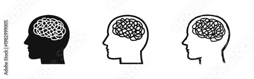 Silhouette of human head with tangled messy thoughts icons set