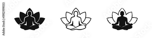 Person in yoga lotus position with flower background icons set