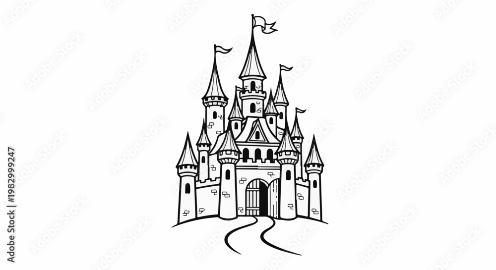 Fototapeta premium Ornate, fairytale castle with multiple towers, flags, and an arched gateway