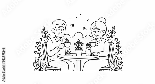 Elderly couple enjoying coffee in a garden setting