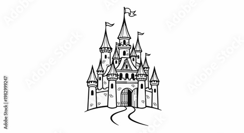 Ornate, fairytale castle with multiple towers, flags, and an arched gateway