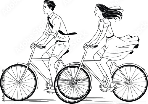Joyful retrostyle illustration of a young man in shirt and shorts and a young woman in a flowing dress enjoying a tandem bicycle ride together on a sunny day