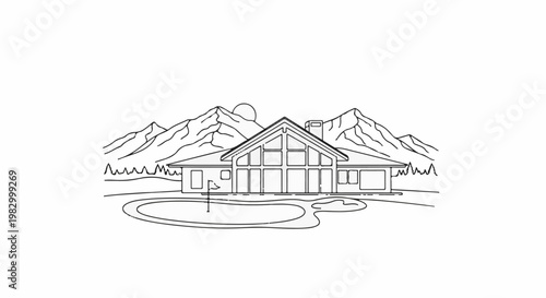 Mountain lodge with large windows and a golf green in front