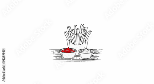 Line art illustration of french fries in a carton with two dipping sauces