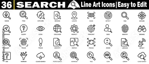 Search line art icons. Easy to edit for your digital projects, vector set with a simple black outline pictogram for finding related graphic design. 