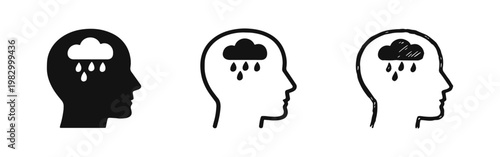 Silhouette head with raining cloud inside mental health icons set