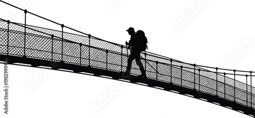 Hiker Crossing Suspension Bridge, Adventure Journey, Backpacker in Nature, Trekking and Exploration