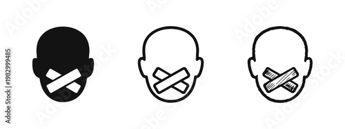 Human head with crossed tape on mouth mute icons set
