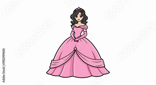 Cartoon princess in a voluminous pink gown and tiara with elegant gloves