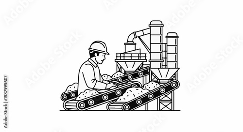 Industrial scene with worker and conveyor belts processing raw materials