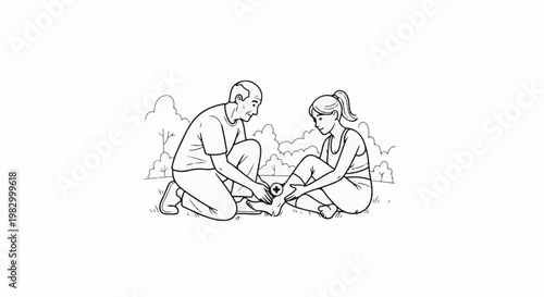 Man tends to a woman's injured ankle outdoors, with trees in background
