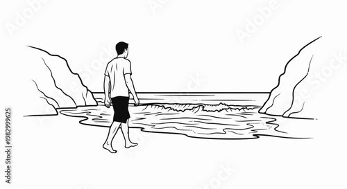 Man walks on a beach near rocky cliffs, ocean waves crashing