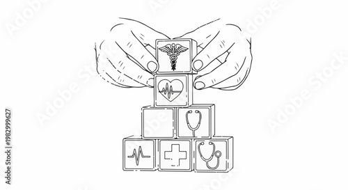 Hands stacking medical symbol blocks forming a pyramid