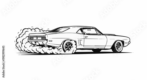 Classic car performing a burnout, creating a cloud of smoke