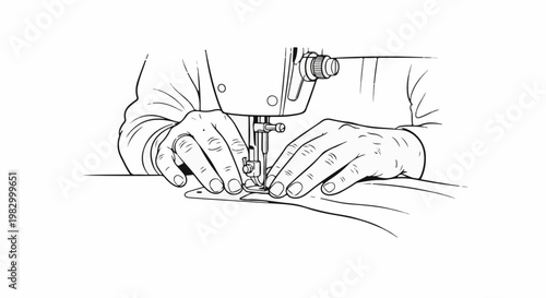 Close-up of hands operating a sewing machine to stitch fabric
