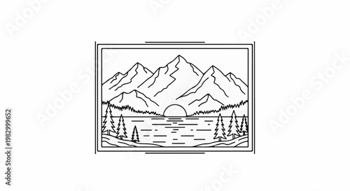 Minimalist line art of mountains, lake, sunset, and pine trees