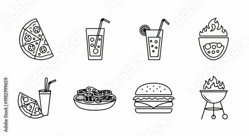 Icons of food and drinks; pizza, burgers, salads, and beverages