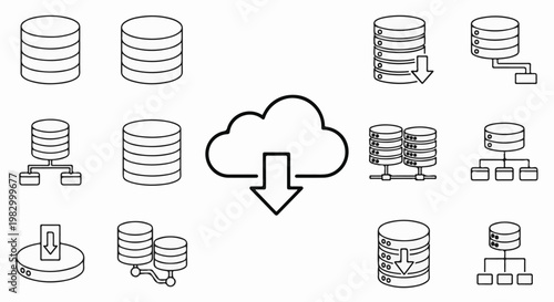 Icons representing data storage and cloud computing with download symbols