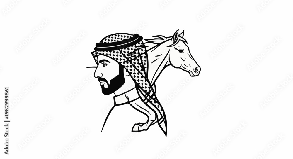 Fototapeta premium Profile of a man in traditional headwear with a horse emerging behind him