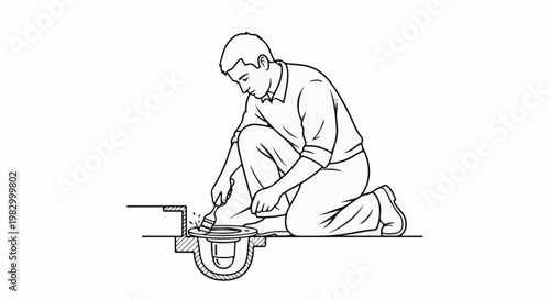 Person kneeling, cleaning drain pipe with a brush