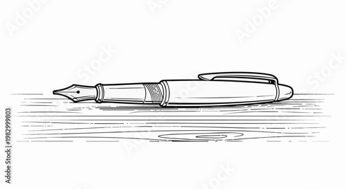 An elegant fountain pen rests on a textured wooden surface, rendered in line art