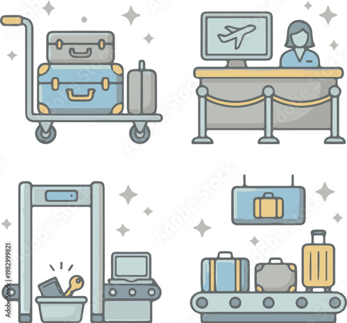 Airport Security and Baggage Service Icons - Scanner, Check-in, Luggage Cart and Belt
