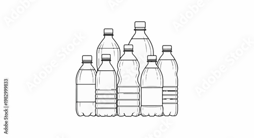 An artistic sketch of seven clear plastic bottles, some with ribbed sides