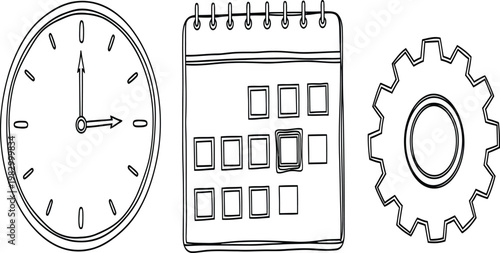 Time management and productivity sketch icons set
