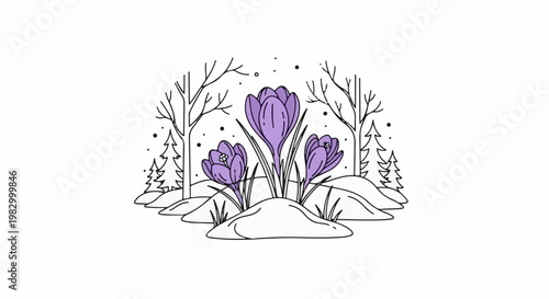 Delicate purple crocuses bloom in a wintery forest scene with snow