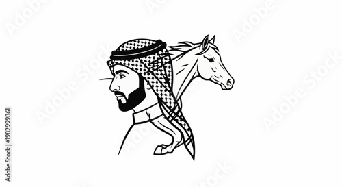 Profile of a man in traditional headwear with a horse emerging behind him