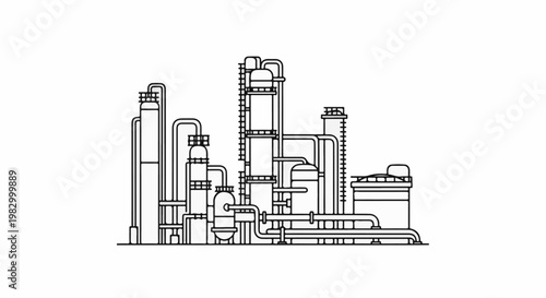 Detailed black and white line drawing of a complex industrial refinery plant