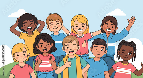 A diverse group of happy, smiling children of various ethnicities and genders posing together outdoors, conveying a sense of friendship and unity.