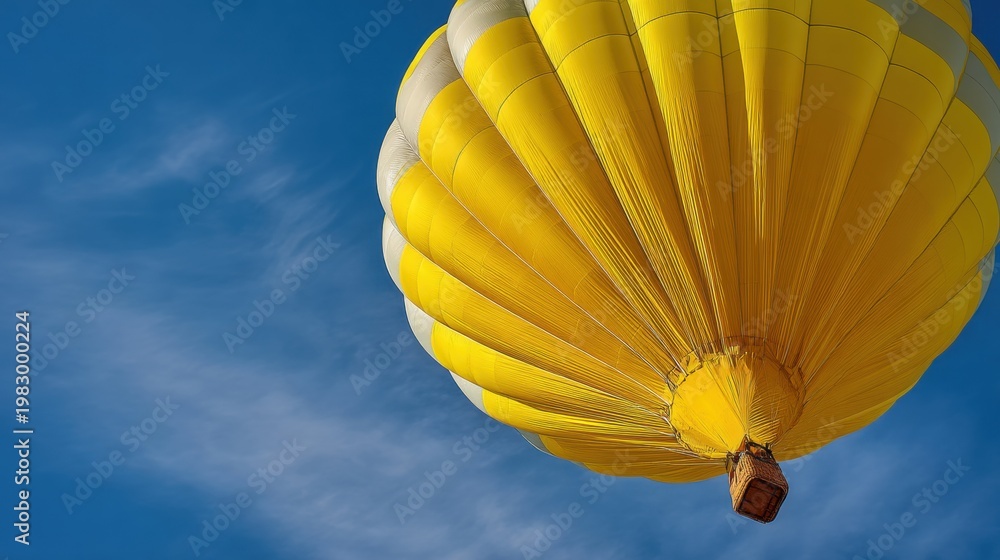 Fototapeta premium Yellow hot air balloon flying in clear blue sky. Aircraft floating in air for adventure and travel. Aerial transportation for recreation and sightseeing. Concept of freedom and tourism.