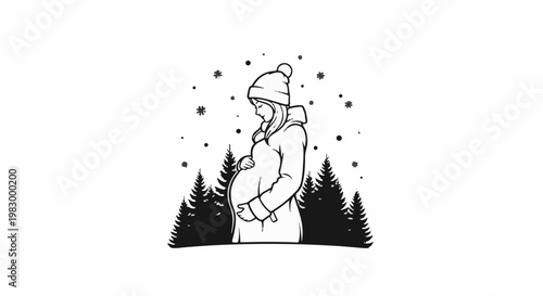 Pregnant woman in winter coat and hat, holding belly, snow falling on trees