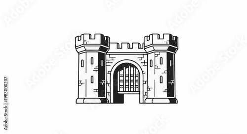 Stylized black and white illustration of a fortified castle gatehouse with two towers