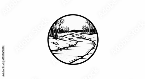 Stylized black and white circular depiction of a winter stream and trees