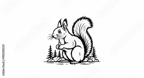 Stylized black and white illustration of a squirrel in a forest clearing