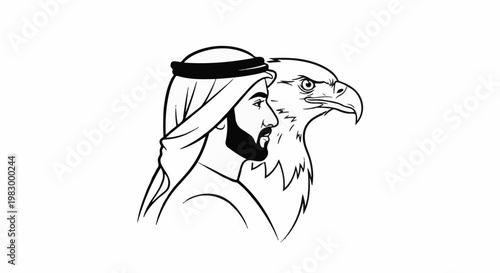Profile of man in traditional headdress with eagle head beside him