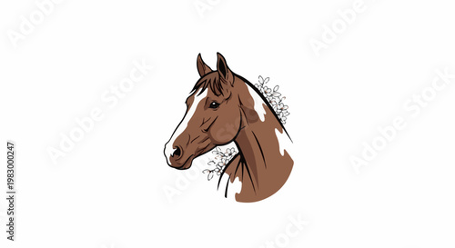 Brown and white horse head with delicate white flowers