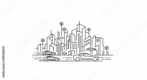 Stylized cityscape with modern buildings and cars driving on a road