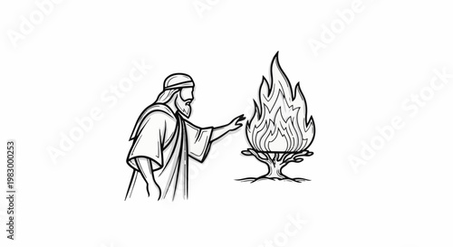 A hand-drawn image depicts a robed figure tending a vibrant, tall flame