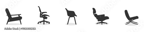 Side View Modern Designer Chairs Silhouette Vector Set, Side Elevation Solid Black Furniture Shapes for Architectural Sections and Interior Scene Design