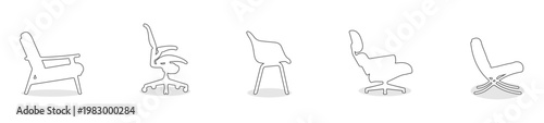 Side View Modern Designer Chairs Outline Vector Set, Side Elevation Thin Line Furniture for Architectural Sections, Interior Site Analysis, Minimalist Wireframe Style