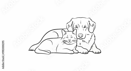 Black and white sketch of a contented cat resting against a dog