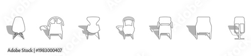 Top View Modern Designer Chairs Outline Vector Set, Overhead Perspective Thin Line Furniture for Architectural Floor Plans, Interior Site Analysis, Minimalist Wireframe Style