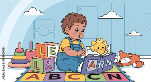 A cute baby boy sitting on a rug with alphabet blocks and a book, surrounded by toys in a nursery room.
